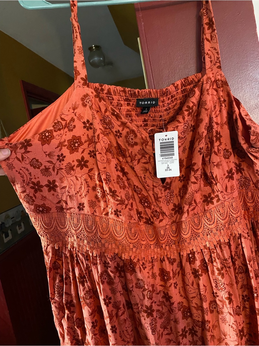 torrid burnt orange floral lace-trim dress